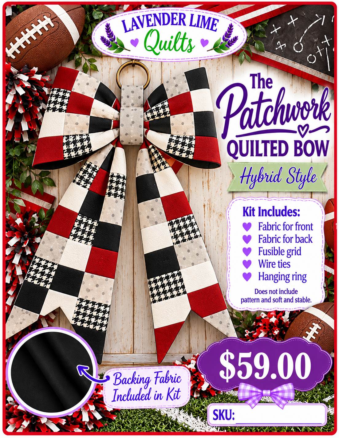 The Patchwork Quilted Bow Kit – Crimson Houndstooth (Hybrid Style)
