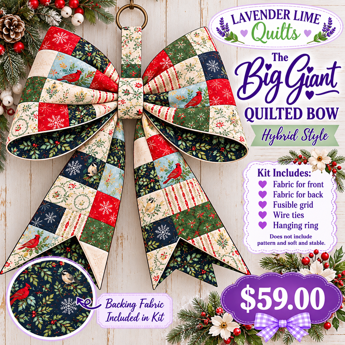 Big Giant Quilted Bow Kit – Winter Cardinals (Hybrid Style)