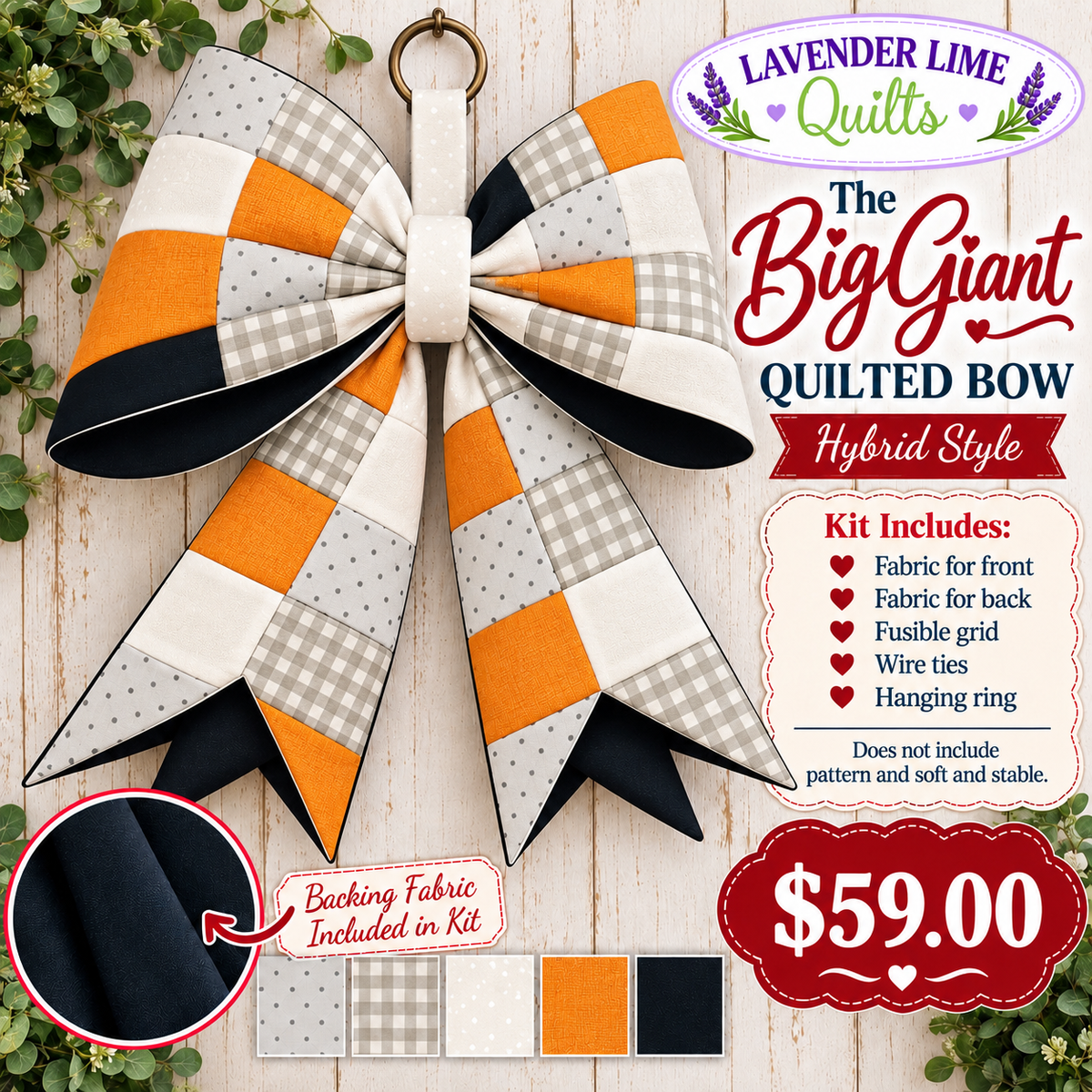 The Big Giant Quilted Bow Kit – Orange & Gray Gingham (Hybrid Style)