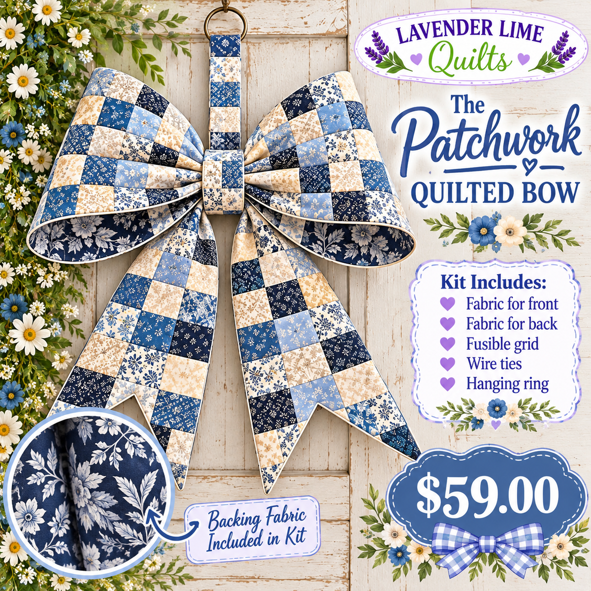 Patchwork Quilted Bow Kit – Blue & Cream (Hybrid Style)