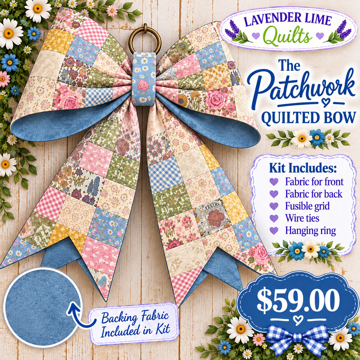 Patchwork Quilted Bow Kit – Cottage Garden (Hybrid Style)